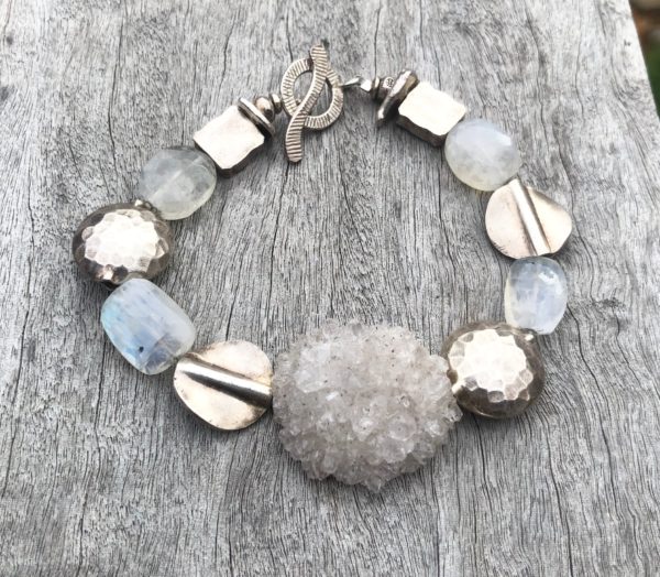 Druzy Crystal and Rainbow Moonstone Bracelet