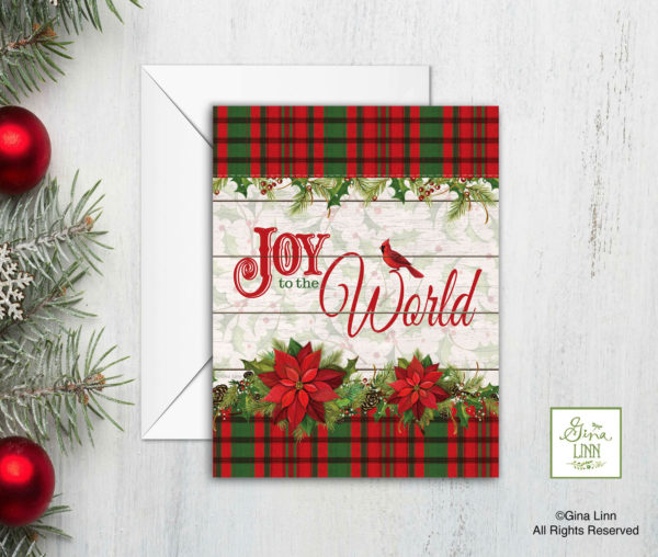 JOY to the World Red Poinsettia's & Plaid with Cardinal Note Card