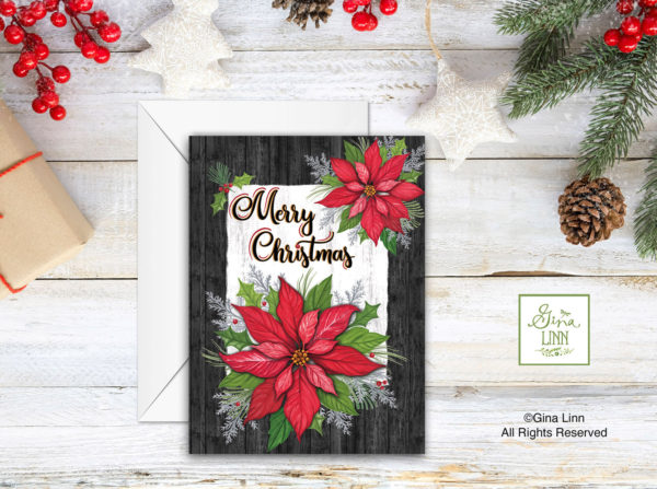 Red Poinsettia's with decorative Merry Christmas lettering Note Card