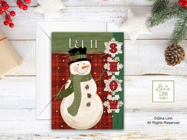 LET IT SNOW Snowman with Buffalo Plaid Note Card