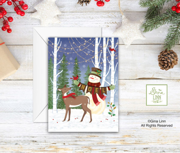 Woodland Snowman & Deer Note Card